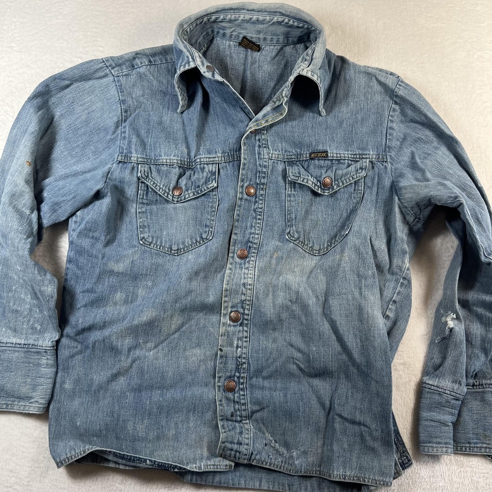 Vintage Big Yank Shirt Mens L Blue Denim Long Sleeve Western Button Front